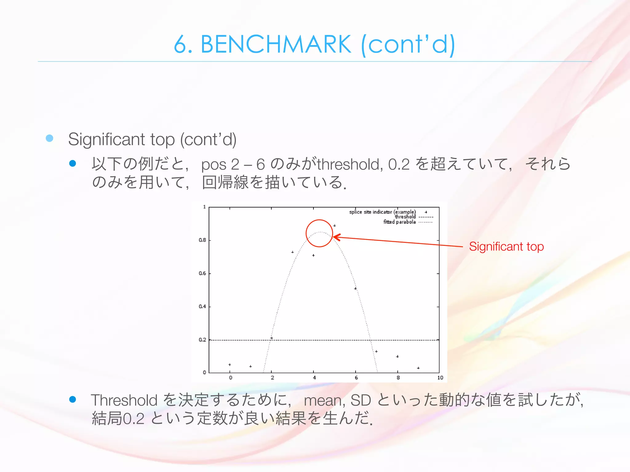 6. BENCHMARK (cont’d)
—  Signiﬁcant top (cont’d) 
—  以下の例だと，pos 2 – 6 のみがthreshold, 0.2 を超えていて，それら
のみを用いて，回帰線を描いている．

—  Threshold を決定するために，mean, SD といった動的な値を試したが，
結局0.2 という定数が良い結果を生んだ．
value in the donor splice site indicator. When the algorithm ﬁnds a signiﬁcant
top in the donor splice site indicator, the state switches to intron. The algorithm
continues to look for a signiﬁcant top in the acceptor splice site indicator, and
the state is switched back to exon. This process continues until the end of the
gene. The gene must end in the exon state.
In the above paragraph, it is unclear what is meant by a signiﬁcant top. To
indicate a top in a splice site indicator, the algorithm ﬁrst ﬁnds a indicator value
above some threshold value. It then ﬁnds all successive indicator data points that
are higher than this threshold value. Through all these values, a second order
polynomial regression line is ﬁtted, and the maximum of this parabola is used
to indicate the splice site. This method is explained with some example data in
Fig. 3. In this example the indicator value at 0 and 1 is below the threshold. The
value at 2 is just above the threshold and the successive values at 3,4,5 and 6 is
also above the threshold and these ﬁve values are used in the curve ﬁtting. The
rest of the data points are below the threshold and not used in the curve ﬁtting.
Fig. 3. Predicting a splice site based on the splice site indicator. When the indicator
reaches above the threshold value, 0.2 in the ﬁgure, all successive data points above
this threshold are used in a curve ﬁtting of a parabola. The nucleotide closest to the
parabola maxima is used the splice site.
Finding a good threshold value is diﬃcult. Several values have been tried. We
Signiﬁcant top
 