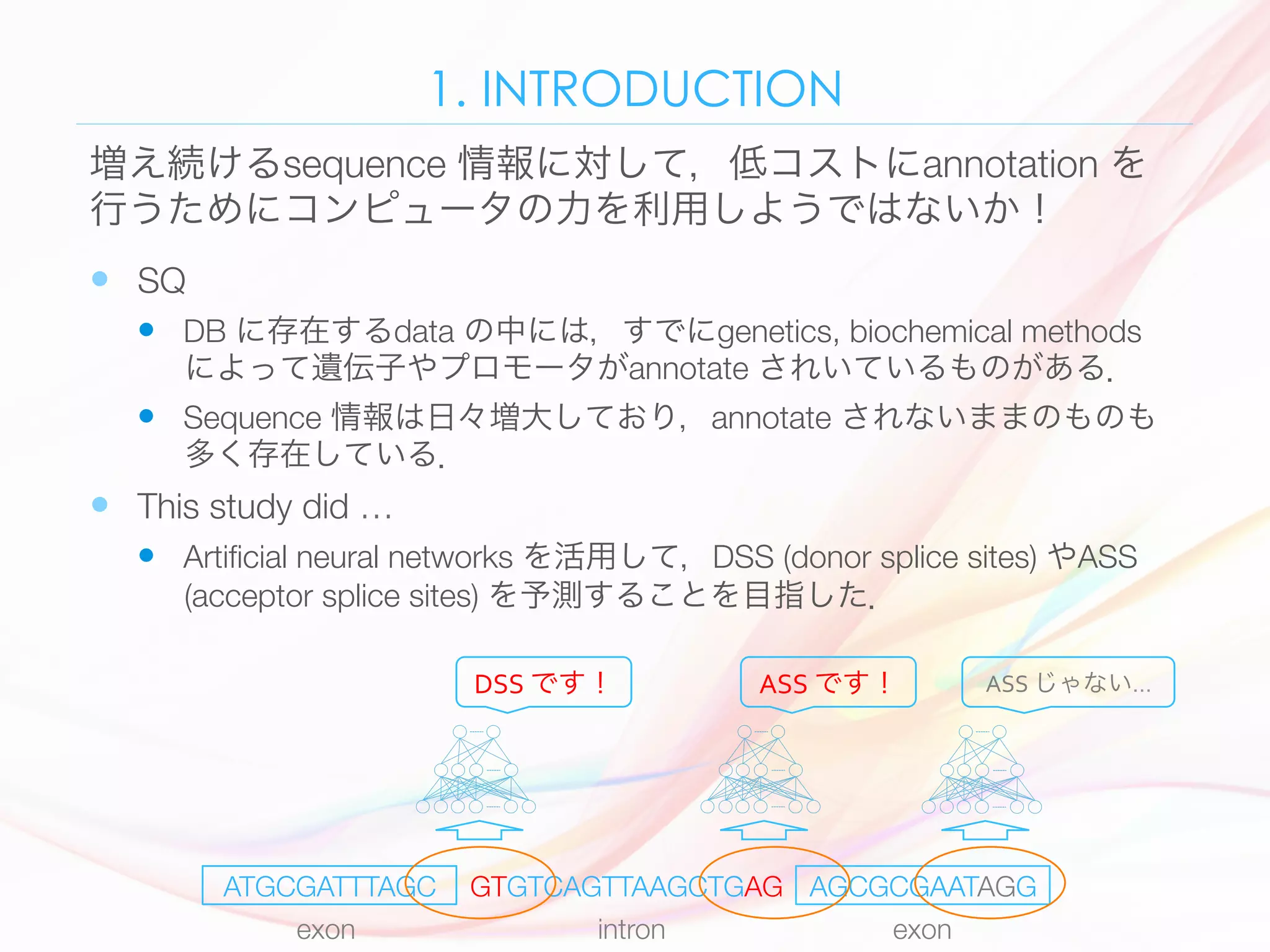 1. INTRODUCTION
—  SQ
—  DB に存在するdata の中には，すでにgenetics, biochemical methods
によって遺伝子やプロモータがannotate されいているものがある．
—  Sequence 情報は日々増大しており，annotate されないままのものも
多く存在している．
—  This study did …
—  Artiﬁcial neural networks を活用して，DSS (donor splice sites) やASS
(acceptor splice sites) を予測することを目指した．
増え続けるsequence 情報に対して，低コストにannotation を
行うためにコンピュータの力を利用しようではないか！
ATGCGATTTAGC AGCGCGAATAGGGTGTCAGTTAAGCTGAG
DSS	です！ ASS	です！ ASS	じゃない…
exon exonintron
 