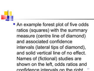  An example forest plot of five odds
ratios (squares) with the summary
measure (centre line of diamond)
and associated confidence
intervals (lateral tips of diamond),
and solid vertical line of no effect.
Names of (fictional) studies are
shown on the left, odds ratios and
115
 