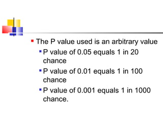  The P value used is an arbitrary value

P value of 0.05 equals 1 in 20
chance

P value of 0.01 equals 1 in 100
chance

P value of 0.001 equals 1 in 1000
chance.
 