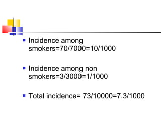  Incidence among
smokers=70/7000=10/1000
 Incidence among non
smokers=3/3000=1/1000
 Total incidence= 73/10000=7.3/1000
 