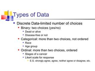 Types of Data
 Discrete Data-limited number of choices
 Binary: two choices (yes/no)

Dead or alive

Disease-free or not
 Categorical: more than two choices, not ordered

Race

Age group
 Ordinal: more than two choices, ordered

Stages of a cancer

Likert scale for response
 E.G. strongly agree, agree, neither agree or disagree, etc.
 