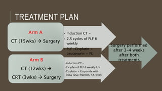 TREATMENT PLAN
• Induction CT -
• 2.5 cycles of PLF 6
weekly
• PLF –Cisplatin +
Leucovorin + FU
Arm A
CT (15wks)  Surgery
•Induction CT -
•2 cycles of PLF 6 weekly f/b
•Cisplatin + Etoposide with
30Gy (2Gy/fraction, 5#/week
Arm B
CT (12wks) 
CRT (3wks)  Surgery
Surgery performed
after 3-4 weeks
after both
treatments
 