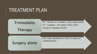 TREATMENT PLAN
•RT – 50.4Gy in 5.5 weeks (1.8Gy/5days/week)
•CT – Cisplatin + FU (within 24hrs of RT)
•Surgery (3-8weeks of CRT)
Trimodality
Therapy
•Ivor-Lewis (preferred) vs THE (<6 weeks of
randomization)
Surgery alone
 