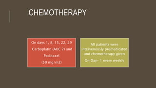 On days 1, 8, 15, 22, 29
Carboplatin (AUC 2) and
Paclitaxel
(50 mg/m2)
All patients were
intravenously premedicated
and chemotherapy given
On Day- 1 every weekly
CHEMOTHERAPY
 