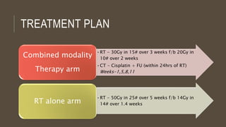 TREATMENT PLAN
•RT - 30Gy in 15# over 3 weeks f/b 20Gy in
10# over 2 weeks
•CT - Cisplatin + FU (within 24hrs of RT)
Weeks-1,5,8,11
Combined modality
Therapy arm
•RT - 50Gy in 25# over 5 weeks f/b 14Gy in
14# over 1.4 weeksRT alone arm
 
