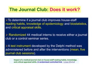 Impact of a medical journal club on house-staff reading habits, knowledge,
and critical appraisal skills. A randomized controlled trial. Linzer M et al
To determine if a journal club improves house-staff
reading habits, knowledge of epidemiology and biostatistics,
and critical appraisal skills.
 Randomized 44 medical interns to receive either a journal
club or a control seminar series.
A test instrument developed by the Delphi method was
administered before and after the interventions (mean, five
journal club sessions).
The Journal Club: Does it work?
 