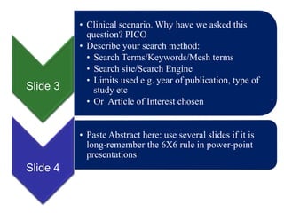 Slide 3
• Clinical scenario. Why have we asked this
question? PICO
• Describe your search method:
• Search Terms/Keywords/Mesh terms
• Search site/Search Engine
• Limits used e.g. year of publication, type of
study etc
• Or Article of Interest chosen
Slide 4
• Paste Abstract here: use several slides if it is
long-remember the 6X6 rule in power-point
presentations!
 