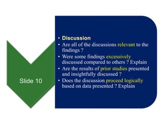 Slide 10
• Discussion
• Are all of the discussions relevant to the
findings ?
• Were some findings excessively
discussed compared to others ? Explain
• Are the results of prior studies presented
and insightfully discussed ?
• Does the discussion proceed logically
based on data presented ? Explain
 