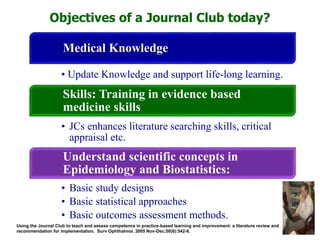 Medical Knowledge
• Update Knowledge and support life-long learning.
Skills: Training in evidence based
medicine skills
• JCs enhances literature searching skills, critical
appraisal etc.
Understand scientific concepts in
Epidemiology and Biostatistics:
• Basic study designs
• Basic statistical approaches
• Basic outcomes assessment methods.
Objectives of a Journal Club today?
Using the Journal Club to teach and assess competence in practice-based learning and improvement: a literature review and
recommendation for implementation. Surv Ophthalmol. 2005 Nov-Dec;50(6):542-8.
 