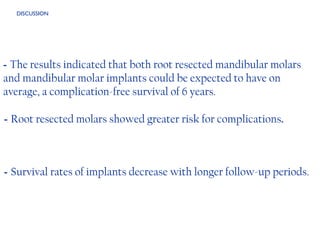 -  The results indicated that both root resected mandibular molars and mandibular molar implants could be expected to have on average, a complication-free survival of 6 years. -  Root resected molars showed greater risk for complications .  -  Survival rates of implants decrease with longer follow-up periods. DISCUSSION 