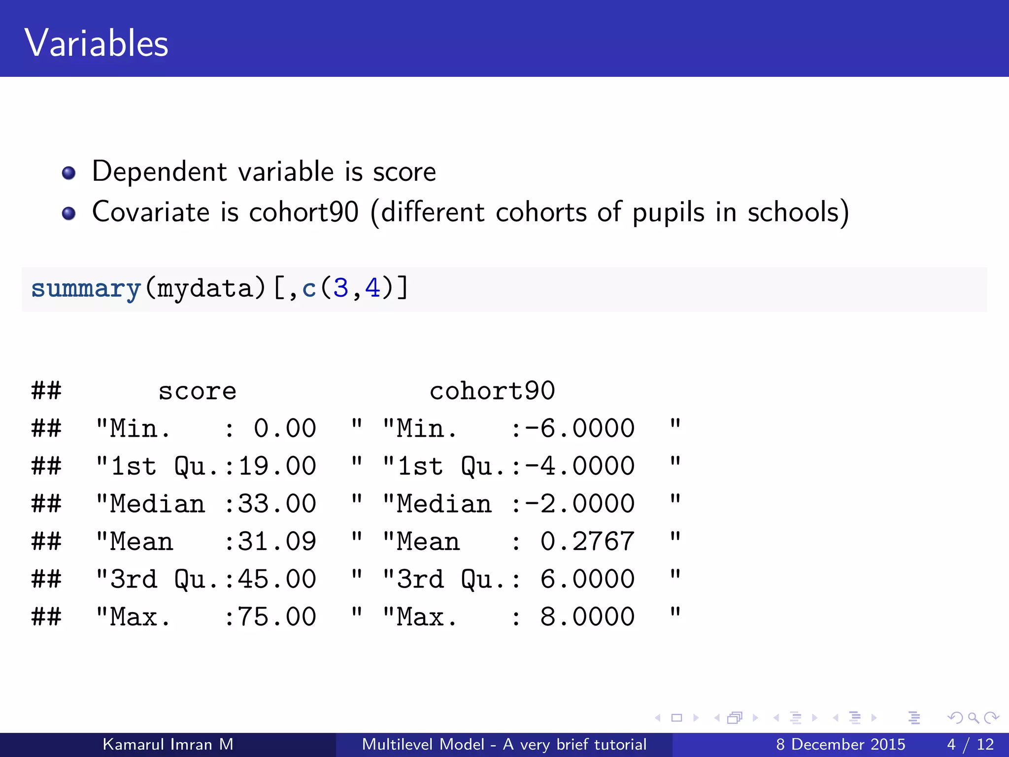 Variables
Dependent variable is score
Covariate is cohort90 (diﬀerent cohorts of pupils in schools)
summary(mydata)[,c(3,4)]
## score cohort90
## "Min. : 0.00 " "Min. :-6.0000 "
## "1st Qu.:19.00 " "1st Qu.:-4.0000 "
## "Median :33.00 " "Median :-2.0000 "
## "Mean :31.09 " "Mean : 0.2767 "
## "3rd Qu.:45.00 " "3rd Qu.: 6.0000 "
## "Max. :75.00 " "Max. : 8.0000 "
Kamarul Imran M Multilevel Model - A very brief tutorial 8 December 2015 4 / 12
 