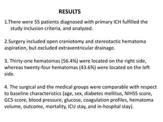 1.There were 55 patients diagnosed with primary ICH fulfilled the
study inclusion criteria, and analyzed.
2.Surgery included open craniotomy and stereotactic hematoma
aspiration, but excluded extraventricular drainage.
3. Thirty-one hematomas (56.4%) were located on the right side,
whereas twenty-four hematomas (43.6%) were located on the left
side.
4. The surgical and the medical groups were comparable with respect
to baseline characteristics (age, sex, diabetes mellitus, NIHSS score,
GCS score, blood pressure, glucose, coagulation profiles, hematoma
volume, outcome, mortality, ICU stay, and in-hospital stay).
RESULTS
 