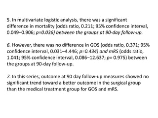 5. In multivariate logistic analysis, there was a significant
difference in mortality (odds ratio, 0.211; 95% confidence interval,
0.049–0.906; p=0.036) between the groups at 90-day follow-up.
6. However, there was no difference in GOS (odds ratio, 0.371; 95%
confidence interval, 0.031–4.446; p=0.434) and mRS (odds ratio,
1.041; 95% confidence interval, 0.086–12.637; p= 0.975) between
the groups at 90-day follow-up.
7. In this series, outcome at 90 day follow-up measures showed no
significant trend toward a better outcome in the surgical group
than the medical treatment group for GOS and mRS.
 