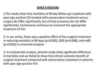 1.This study show that mortality at 90 day follow-up in patients with
spot sign positive ICH treated with conservative treatment versus
surgery do differ significantly, but clinical outcomes do not differ
significantly. Controversy continues to surround the appropriate
treatment of ICH.
2. In our series, there was a positive effect of the surgical treatment
in reducing mortality at 90 days (p=0.002), GOS (p=0.006), and mRS
(p=0.023) in univariate analysis.
3. In multivariate analysis, present study show significant difference
in mortality and we failed to show that clinical outcome benefit of
surgical treatment compared with conservative treatment in patients
with spot sign positive ICH.
DISCUSSION
 