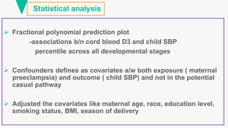 Statistical analysis
 Fractional polynomial prediction plot
-associations b/n cord blood D3 and child SBP
percentile across all developmental stages
 Confounders defines as covariates a/w both exposure ( maternal
preeclampsia) and outcome ( child SBP) and not in the potential
casual pathway
 Adjusted the covariates like maternal age, race, education level,
smoking status, BMI, season of delivery
 