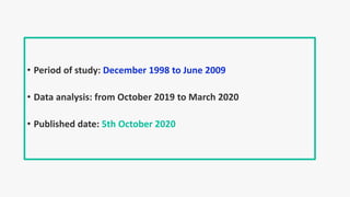 • Period of study: December 1998 to June 2009
• Data analysis: from October 2019 to March 2020
• Published date: 5th October 2020
 