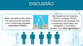 DISCUSSÃO
Maior prevalência dos casos
de carcinoma de cavidade
oral e orofaríngea no sexo
masculino (78,0%).
Alta frequência de fumantes
(78,0%) e etilistas (70,8%)
 carcinomas da cavidade oral
e orofaringe associados com
tabagismo e alcoolismo
tendem a ser mais agressivos.
 
