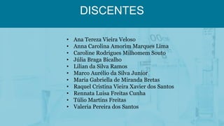 DISCENTES
• Ana Tereza Vieira Veloso
• Anna Carolina Amorim Marques Lima
• Caroline Rodrigues Milhomem Souto
• Júlia Braga Bicalho
• Lilian da Silva Ramos
• Marco Aurélio da Silva Junior
• Maria Gabriella de Miranda Bretas
• Raquel Cristina Vieira Xavier dos Santos
• Rennata Luisa Freitas Cunha
• Túlio Martins Freitas
• Valeria Pereira dos Santos
 