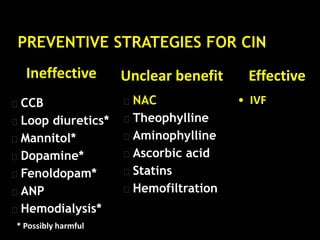 CCB
Loop diuretics*
Mannitol*
Dopamine*
Fenoldopam*
ANP
Hemodialysis*
NAC
Theophylline
Aminophylline
Ascorbic acid
Statins
Hemofiltration
• IVF
Ineffective EffectiveUnclear benefit
* Possibly harmful
 