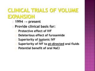 1994 → present
Provide clinical basis for:
Protective effect of IVF
Deleterious effect of furosemide
Superiority of isotonic IVF
Superiority of IVF to pt-directed oral fluids
Potential benefit of oral NaCl
 