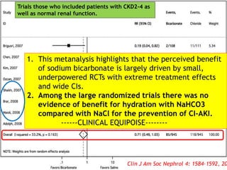 1. This metanalysis highlights that the perceived benefit
of sodium bicarbonate is largely driven by small,
underpowered RCTs with extreme treatment effects
and wide CIs.
2. Among the large randomized trials there was no
evidence of benefit for hydration with NaHCO3
compared with NaCl for the prevention of CI-AKI.
------CLINICAL EQUIPOISE--------
Clin J Am Soc Nephrol 4: 1584–1592, 20
Trials those who included patients with CKD2-4 as
well as normal renal function.
 