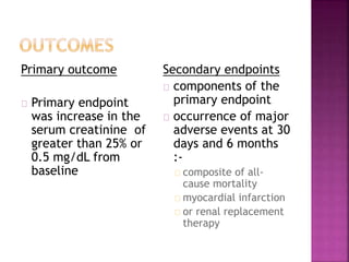 Primary outcome
Primary endpoint
was increase in the
serum creatinine of
greater than 25% or
0.5 mg/dL from
baseline
Secondary endpoints
components of the
primary endpoint
occurrence of major
adverse events at 30
days and 6 months
:-
composite of all-
cause mortality
myocardial infarction
or renal replacement
therapy
 