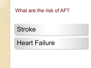 What are the risk of AF?
Stroke
Heart Failure
 