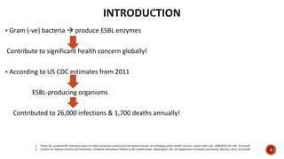  Gram (-ve) bacteria  produce ESBL enzymes
Contribute to significant health concern globally!
 According to US CDC estimates from 2011
ESBL-producing organisms
Contributed to 26,000 infections & 1,700 deaths annually!
1. Pitout JD, Laupland KB. Extended-spectrum beta-lactamase-producing Enterobacteriaceae: an emerging public-health concern. Lancet Infect Dis. 2008;8(3):159-166. [Crossref]
2. Centers for Disease Control and Prevention. Antibiotic Resistance Threats in the United States. Washington, DC: US Department of Health and Human Services; 2013. [Crossref] 4
 