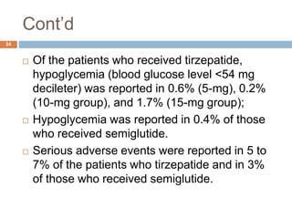 Cont’d
24
 Of the patients who received tirzepatide,
hypoglycemia (blood glucose level <54 mg
decileter) was reported in 0.6% (5-mg), 0.2%
(10-mg group), and 1.7% (15-mg group);
 Hypoglycemia was reported in 0.4% of those
who received semiglutide.
 Serious adverse events were reported in 5 to
7% of the patients who tirzepatide and in 3%
of those who received semiglutide.
 