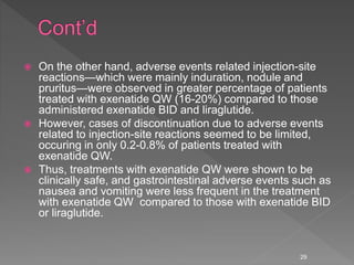  On the other hand, adverse events related injection-site
reactions—which were mainly induration, nodule and
pruritus—were observed in greater percentage of patients
treated with exenatide QW (16-20%) compared to those
administered exenatide BID and liraglutide.
 However, cases of discontinuation due to adverse events
related to injection-site reactions seemed to be limited,
occuring in only 0.2-0.8% of patients treated with
exenatide QW.
 Thus, treatments with exenatide QW were shown to be
clinically safe, and gastrointestinal adverse events such as
nausea and vomiting were less frequent in the treatment
with exenatide QW compared to those with exenatide BID
or liraglutide.
29
 