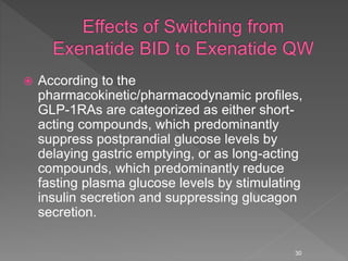  According to the
pharmacokinetic/pharmacodynamic profiles,
GLP-1RAs are categorized as either short-
acting compounds, which predominantly
suppress postprandial glucose levels by
delaying gastric emptying, or as long-acting
compounds, which predominantly reduce
fasting plasma glucose levels by stimulating
insulin secretion and suppressing glucagon
secretion.
30
 