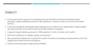 STABILITY
 In the present study, in group A in two patients who went for direct sinus lift and immediate implant
placement, implant stability was present in 100% patients at 1 month, 2 months, and 3 months of implant
insertion.
 In the rest of 8 patients with delayed implant placement at 3 months of sinus augmentation, implant stability
was observed at 4th, 5th, and 6th months found 100% stability in all patients.
 In group B implant stability was present in 100% patient at 1 month, 2 months, and 3 months.
 There was no difference in stability in group A and group B.
 We uncovered the implants aft er a period of 3 months of insertion for loading and observed that none of the
implants were mobile at the time of exposure.
 Similar was the observations made by Kent and Block
 