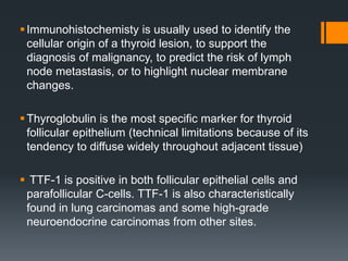 Immunohistochemisty is usually used to identify the
cellular origin of a thyroid lesion, to support the
diagnosis of malignancy, to predict the risk of lymph
node metastasis, or to highlight nuclear membrane
changes.
Thyroglobulin is the most specific marker for thyroid
follicular epithelium (technical limitations because of its
tendency to diffuse widely throughout adjacent tissue)
 TTF-1 is positive in both follicular epithelial cells and
parafollicular C-cells. TTF-1 is also characteristically
found in lung carcinomas and some high-grade
neuroendocrine carcinomas from other sites.
 