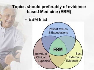 Topics should preferably of evidence
based Medicine (EBM)
• EBM triad
 