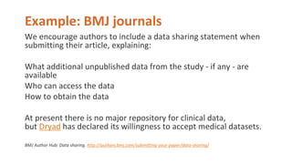 Example: BMJ journals
We encourage authors to include a data sharing statement when
submitting their article, explaining:
What additional unpublished data from the study - if any - are
available
Who can access the data
How to obtain the data
At present there is no major repository for clinical data,
but Dryad has declared its willingness to accept medical datasets.
BMJ Author Hub: Data sharing. http://authors.bmj.com/submitting-your-paper/data-sharing/
 
