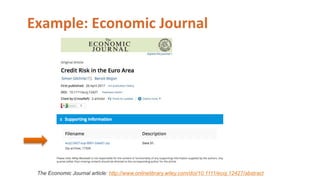Example: Economic Journal
The Economic Journal article: http://www.onlinelibrary.wiley.com/doi/10.1111/ecoj.12427/abstract
 