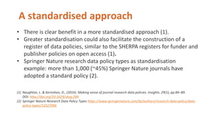 A standardised approach
• There is clear benefit in a more standardised approach (1).
• Greater standardisation could also facilitate the construction of a
register of data policies, similar to the SHERPA registers for funder and
publisher policies on open access (1).
• Springer Nature research data policy types as standardisation
example: more than 1,000 (~45%) Springer Nature journals have
adopted a standard policy (2).
(1) Naughton, L. & Kernohan, D., (2016). Making sense of journal research data policies. Insights. 29(1), pp.84–89.
DOI: http://doi.org/10.1629/uksg.284
(2) Springer Nature Research Data Policy Types https://www.springernature.com/de/authors/research-data-policy/data-
policy-types/12327096
 