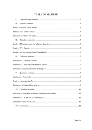 Page | 1
TABLE DE MATIERE
I. Présentation personnelle..........................................................................................2
II. Première semaine.....................................................................................................3
Mardi : «Le cours Béton Armé »...........................................................................................3
Samedi : « Le cours d’Excel »...............................................................................................3
Dimanche : « Mon week-end »..............................................................................................4
III. Deuxième semaine...................................................................................................5
Lundi : « Mon impression sur la langue française »..............................................................5
Jeudi : « TP + Devoir »..........................................................................................................5
Samedi : « L’avenir de métro à Phnom Penh » .....................................................................6
IV. Troisième semaine...................................................................................................7
Mercredi : « Le maison chaleur» ...........................................................................................7
Vendredi : « Le devoir dès l’entrée du cours »......................................................................7
Dimanche : «Le réchauffement climatique ».........................................................................7
V. Quatrième semaine ..................................................................................................8
Vendredi : « 9 novembre»......................................................................................................8
Jeudi : « La présentation! »....................................................................................................9
Dimanche : « Encore béton armé »........................................................................................9
VI. Cinquième semaine................................................................................................10
Mercredi : « Mon point de vue sur les énergies nucléaire» .................................................10
Vendredi : « J’ai peu car je n’en sais pas ! » .......................................................................10
Dimanche : «Le Nouvel An »..............................................................................................11
VII. Conclusion.............................................................................................................12
 