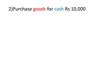 2)Purchase goods for cash Rs 10,000
 