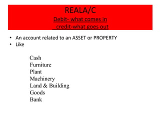 REALA/C
Debit- what comes in
credit-what goes out
• An account related to an ASSET or PROPERTY
• Like
Cash
Furniture
Plant
Machinery
Land & Building
Goods
Bank
 