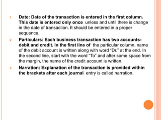 1. Date: Date of the transaction is entered in the first column.
This date is entered only once unless and until there is change
in the date of transaction. It should be entered in a proper
sequence.
2. Particulars: Each business transaction has two accounts-
debit and credit. In the first line of the particular column, name
of the debit account is written along with word “Dr.” at the end. In
the second line, start with the word “To” and after some space from
the margin, the name of the credit account is written.
3. Narration: Explanation of the transaction is provided within
the brackets after each journal entry is called narration.
 