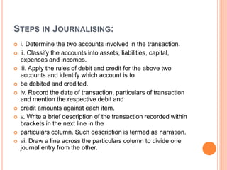 STEPS IN JOURNALISING:
 i. Determine the two accounts involved in the transaction.
 ii. Classify the accounts into assets, liabilities, capital,
expenses and incomes.
 iii. Apply the rules of debit and credit for the above two
accounts and identify which account is to
 be debited and credited.
 iv. Record the date of transaction, particulars of transaction
and mention the respective debit and
 credit amounts against each item.
 v. Write a brief description of the transaction recorded within
brackets in the next line in the
 particulars column. Such description is termed as narration.
 vi. Draw a line across the particulars column to divide one
journal entry from the other.
 