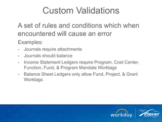 Custom Validations
A set of rules and conditions which when
encountered will cause an error
Examples:
- Journals require attachments
- Journals should balance
- Income Statement Ledgers require Program, Cost Center,
Function, Fund, & Program Mandate Worktags
- Balance Sheet Ledgers only allow Fund, Project, & Grant
Worktags
 