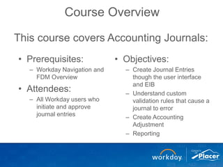 Course Overview
• Prerequisites:
– Workday Navigation and
FDM Overview
• Attendees:
– All Workday users who
initiate and approve
journal entries
• Objectives:
– Create Journal Entries
though the user interface
and EIB
– Understand custom
validation rules that cause a
journal to error
– Create Accounting
Adjustment
– Reporting
This course covers Accounting Journals:
 