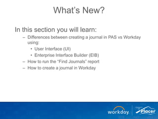What’s New?
In this section you will learn:
– Differences between creating a journal in PAS vs Workday
using:
• User Interface (UI)
• Enterprise Interface Builder (EIB)
– How to run the “Find Journals” report
– How to create a journal in Workday
 