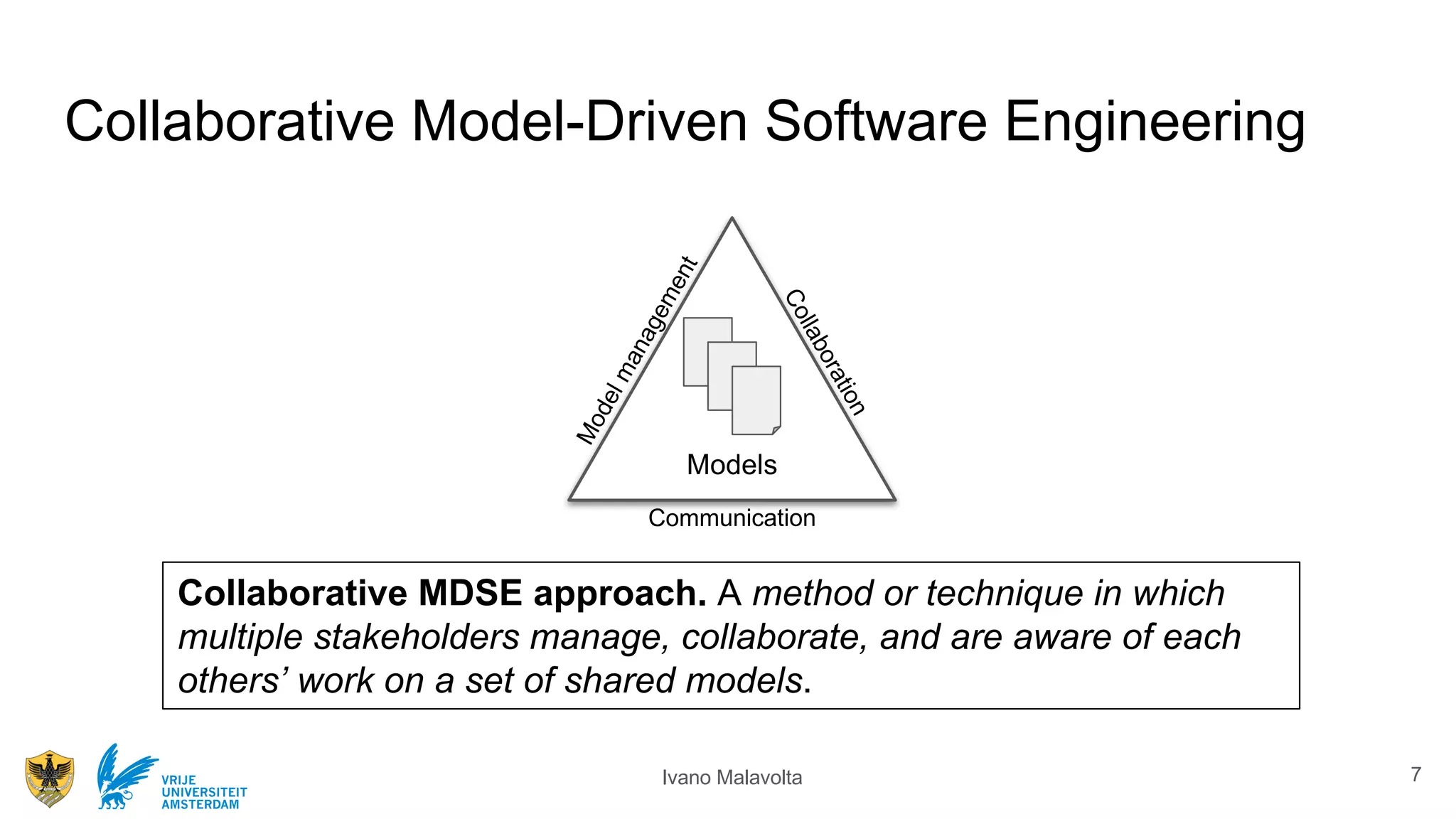 Ivano MalavoltaVRIJE
UNIVERSITEIT
AMSTERDAM
Modelmanagement
Collaboration
Communication
Models
Collaborative MDSE approach. A method or technique in which
multiple stakeholders manage, collaborate, and are aware of each
others’ work on a set of shared models.
7
Collaborative Model-Driven Software Engineering
 