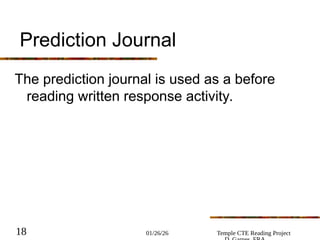 01/26/26 Temple CTE Reading Project
18
Prediction Journal
The prediction journal is used as a before
reading written response activity.
 