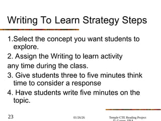 01/26/26 Temple CTE Reading Project
23
Writing To Learn Strategy Steps
1.Select the concept you want students to
explore.
2. Assign the Writing to learn activity
any time during the class.
3. Give students three to five minutes think
time to consider a response
4. Have students write five minutes on the
topic.
 