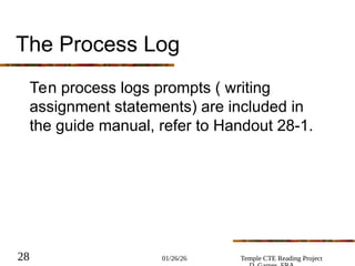 01/26/26 Temple CTE Reading Project
28
The Process Log
Ten process logs prompts ( writing
assignment statements) are included in
the guide manual, refer to Handout 28-1.
 